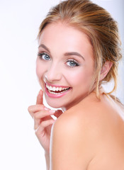Portrait of beautiful woman on white background