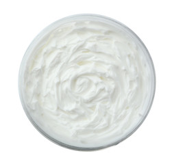 Jar of shea butter on white background