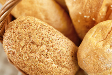 Different fresh bread buns, closeup
