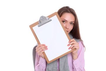 Woman showing a blank page of clipboard