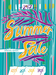 Summer Sale. Inscriptions and palm leaves on a striped background. Design of an information poster.