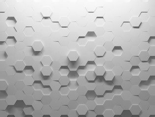 White shaded abstract geometric texture. Origami paper style. Hexagonal elements. 3D rendering background. - obrazy, fototapety, plakaty