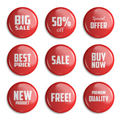 Set of glossy sale buttons or badges. Product promotions. Big sale, special offer, 50% off. Vector illustration