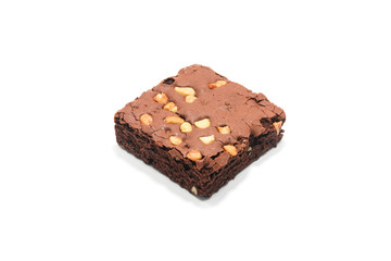 Chocolate brownie with almond on white background.