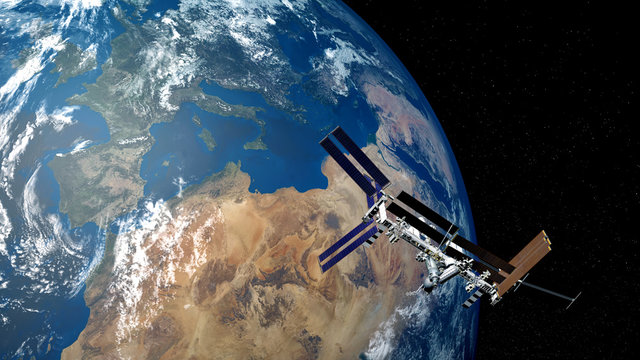 Extremely detailed and realistic high resolution 3D image of ISS - International Space Station orbiting Earth. Shot from space. Elements of this image are furnished by Nasa.