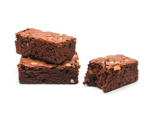 Chocolate brownie with almond on white background.