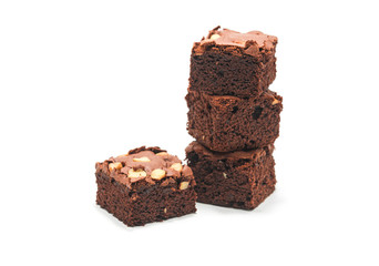 Chocolate brownie with almond on white background.