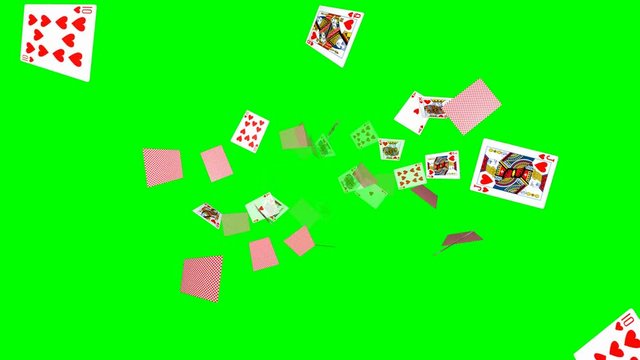 Flying poker cards background - loop, green screen, red hearts, 10, J, Q, K, A
