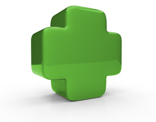 Green plus sign isolated on white background. 3D render.