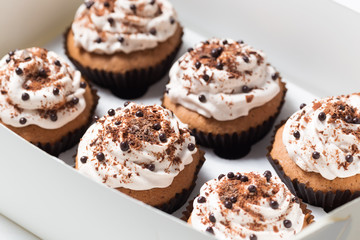 Vanilla cupcakes with mocha buttercream and chocolate decorations