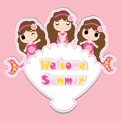 Cute mermaid girls on shellfish frame vector cartoon, summer postcard, wallpaper, and greeting card, T-shirt design for kids