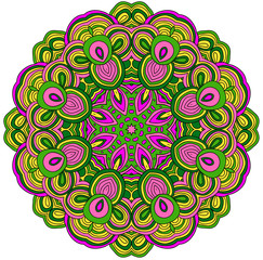 Round symmetrical pattern in green and pink colors. Mandala. Kaleidoscopic design. Mandala. Yoga.
