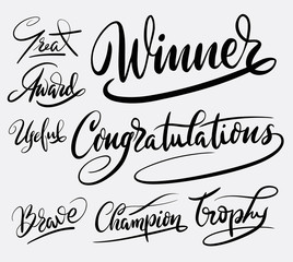 Congratulations the winner hand written typography. Good use for logotype, symbol, cover label, product, brand, poster title or any graphic design you want. Easy to use or change color