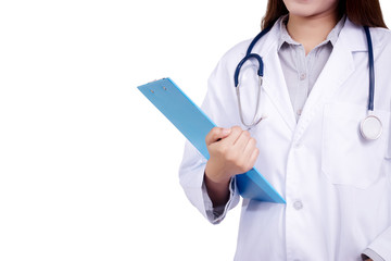 Young Asian doctor with doctor gown uniform with stethoscope holding a clipboard . Beautiful Asia female model in her 20s. Isolate on white background. Clipping path with copy space, anonymous face