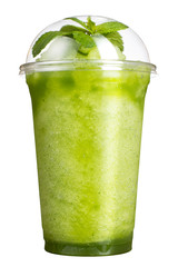 Take-away drink. Refreshing drink in a plastic cup. Green smoothies with taste of kiwi and mint.