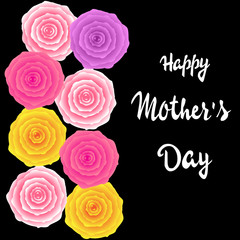 Happy Mothers Day lettering. Mothers day greeting card with Blooming Pink Rose Flowers. Vector illustration