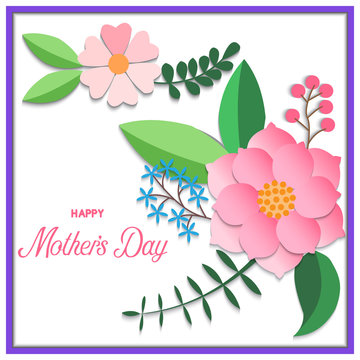 Mother's day greeting card, lettering happy mother's day with love, beautiful flowers on white background, vector illustration