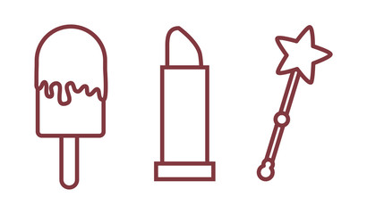 ice cream, lipstick and magic wand icon over white bakcground. vector illustration