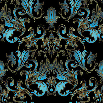 Baroque Damask Floral Seamless Pattern. Black Vector Background Wallpaper Illustration With Vintage Blue Flowers, Scroll Swirl Leaves And Antique Ornaments In Victorian Style.