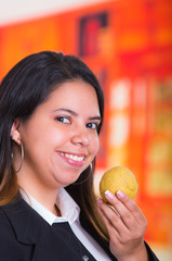 Gorgeous pretty woman have a bolon in his hand, traditional andean food concept