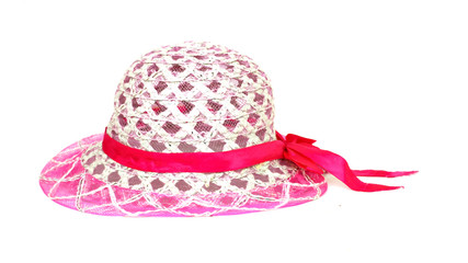 Pretty ping straw hat with flower on white background