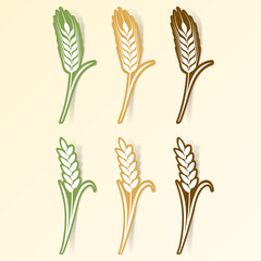 Paper art cut stickers Ears of wheat. Vector illustration icons