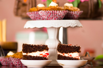 Delicious chocolate cake pieces with cream filling sitting on small plates, pastry concept