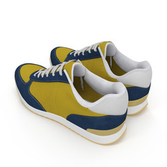 Convenient for sports mens sneakers in dark blue thick fabric. Presented on a white. Rear view. 3D illustration