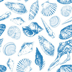 Seamless pattern with various hand - drawn seashells and starfish