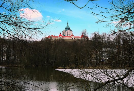 Church of st. John nepomuk on Green Mountain with Bransky pond in winter. Zdar nad Sazavou, Vysocina region, Czech Republic.