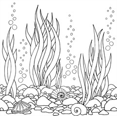 Hand drawn vector seaweed, seashells, stones. Beautiful hand drawn Aquarium. Black and white drawing by hand. Line art. 