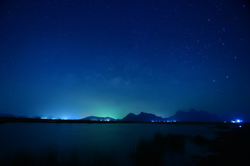 night sky stars with milky way on mountain background.