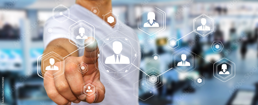 Poster Businessman using digital social network 3D rendering