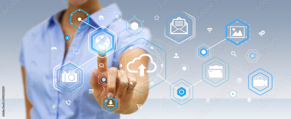 Poster businesswoman using digital cloud interface 3d rendering