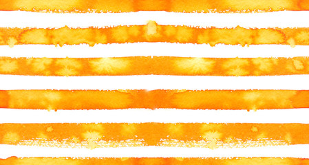 Seamless pattern with horizontal bright yellow watercolor stripes painted in watercolor on white isolated background