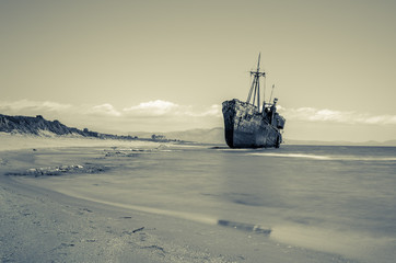 Long exposure in black and white shot of the stunning shipwreck of Agios Dimitrios in Gythio. Greece Peloponnese