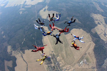 Skydivers in the sky