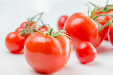 Composition of small cherry and large tomato. Isolated