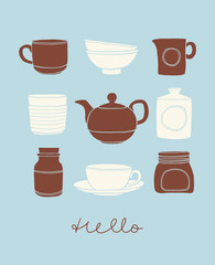 Kitchenware cartoon poster. Hand drawn set of cups, teapot, bowls, jars