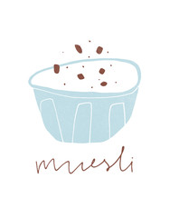 Cartoon muesli bowl on the white background. Breakfast illustration 