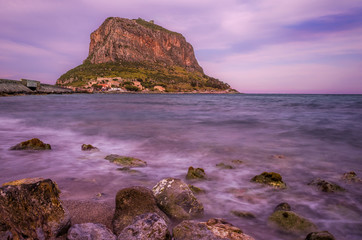 the medieval Byzantine castle of Monemvasia as seen by distance taken with long exposure.Lakonia,Peloponnese