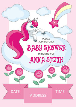 Baby shower invitation template with the image of cute unicorn. Colorful vector background
