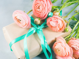 Beautiful Pink ranunculus flowers bouquet and gift box. Valentine mother day. Wedding birthday present