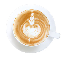 Top view hot coffee cappuccino latte art isolated on white background, clipping path included