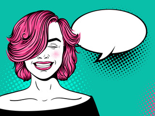 Wow female face. Sexy young woman with pink curly hairstyle and closed eyes smiles with open mouth. Vector colorful background in pop art retro comic style. Party invitation poster.