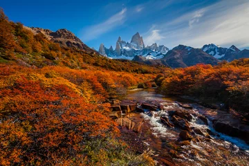 Wall murals Fitz Roy Mountain River and Mount Fitz Roy. Patagonia, Argentina.