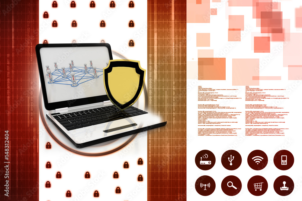 Poster 3d rendering laptop with shield
