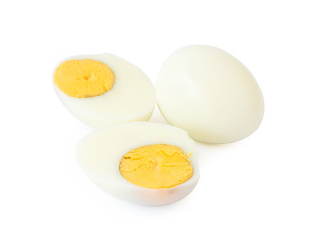 Boiled eggs on white background, healthy food concept