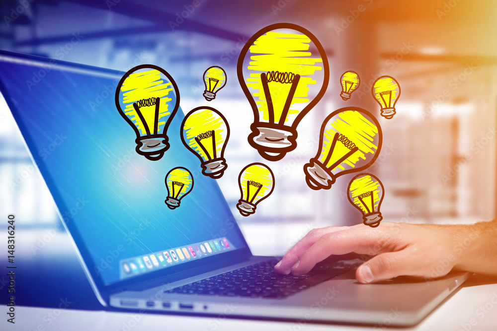 Poster hand drawn bulb lamp icon going out a computer interface of a man at the office - idea concept