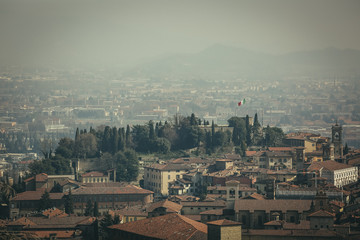 View at Old Town Citta Alta of Bergamo from San Vigilio Hill. Bergamo, Italy